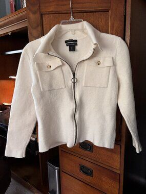 Tahari 100% Merino Wool Cream Zip Up Sweater Jacket Women’s Large